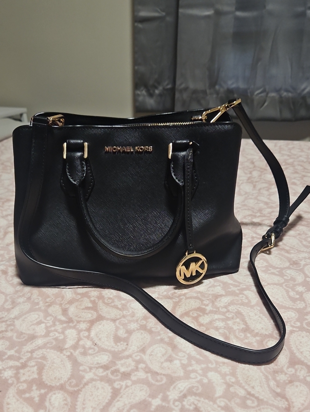Michael Kors Black Leather Tote with Gold MK Charm